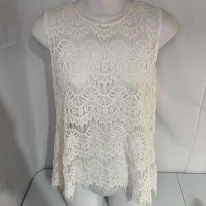 INNY Ivory Lace Tank Open Back Zip Raw Hem Boho Sheer Top Medium‎